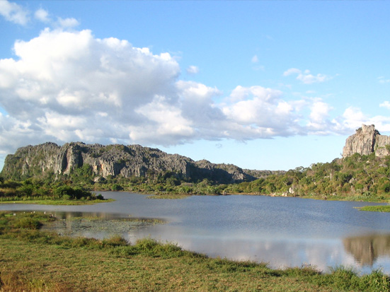 Tsingy Mahaloka (on the left) viewed from the southwest of the KOFAMA community-managed conservation area